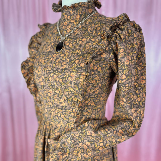 1980s Brown floral dress, handmade, size 12