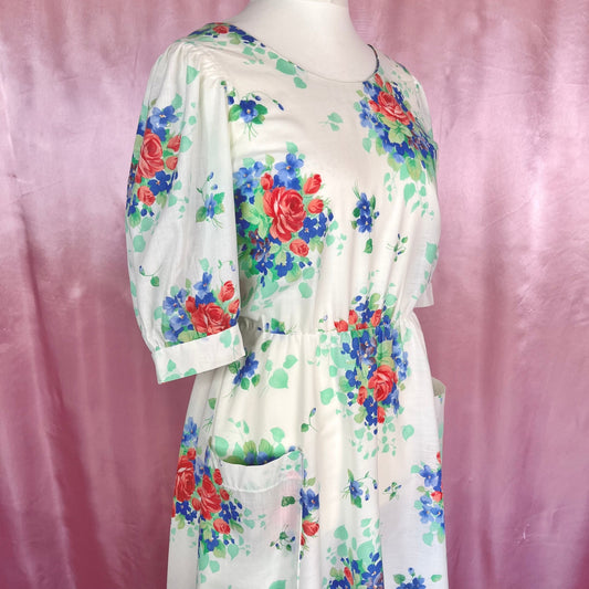 1980s does 50s White floral dress, handmade, size 12