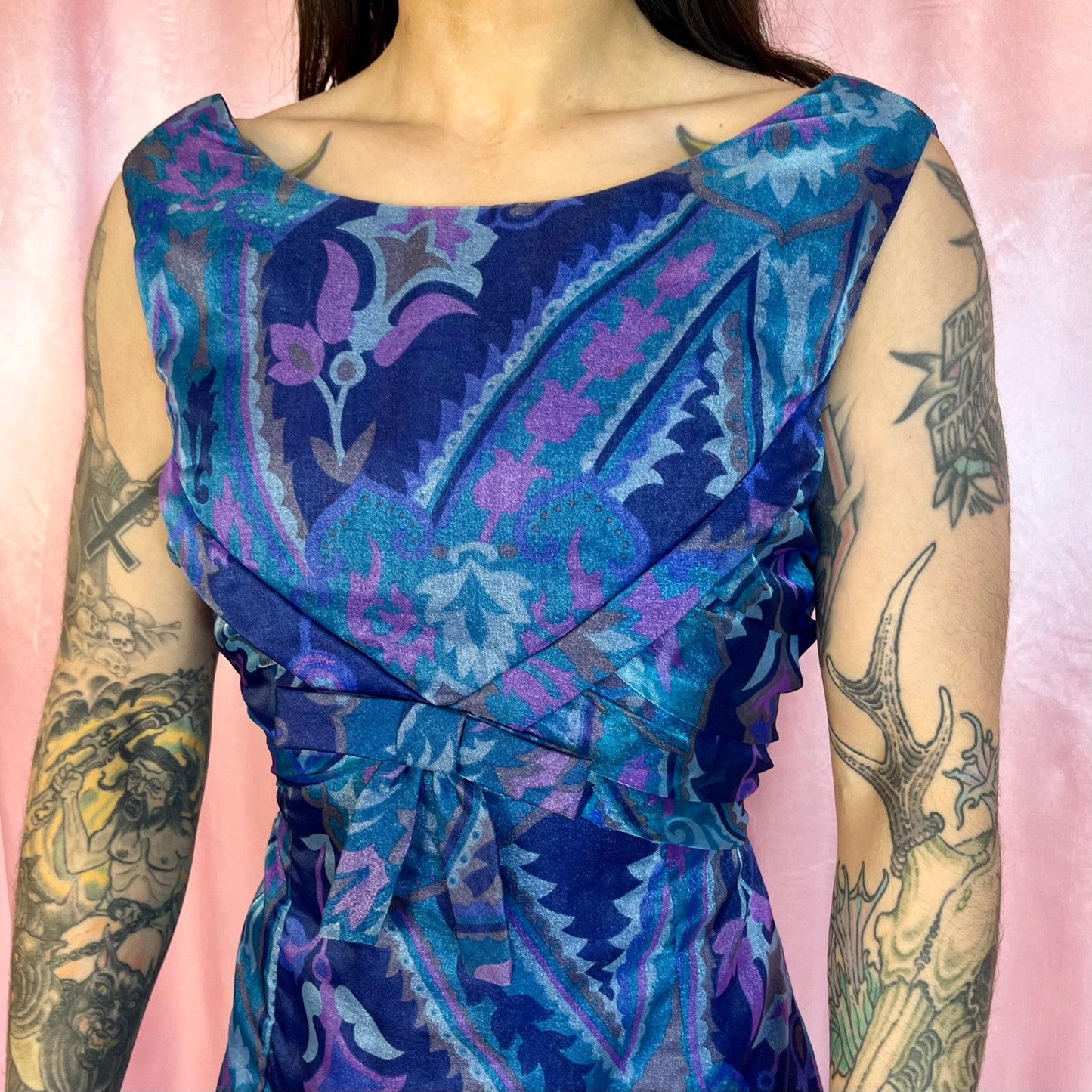 1960s Blue patterned maxi dress, by Cresta, size 10
