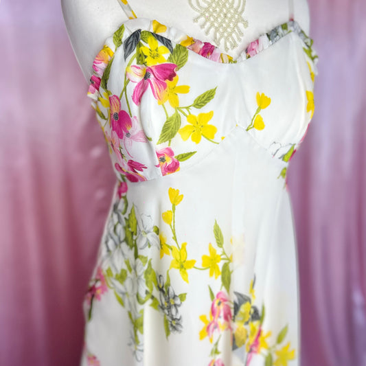 1970s Cream floral maxi dress, unbranded, size 6