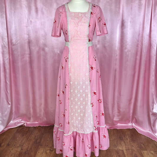 1970 Pink floral prairie dress, handmade, size 6