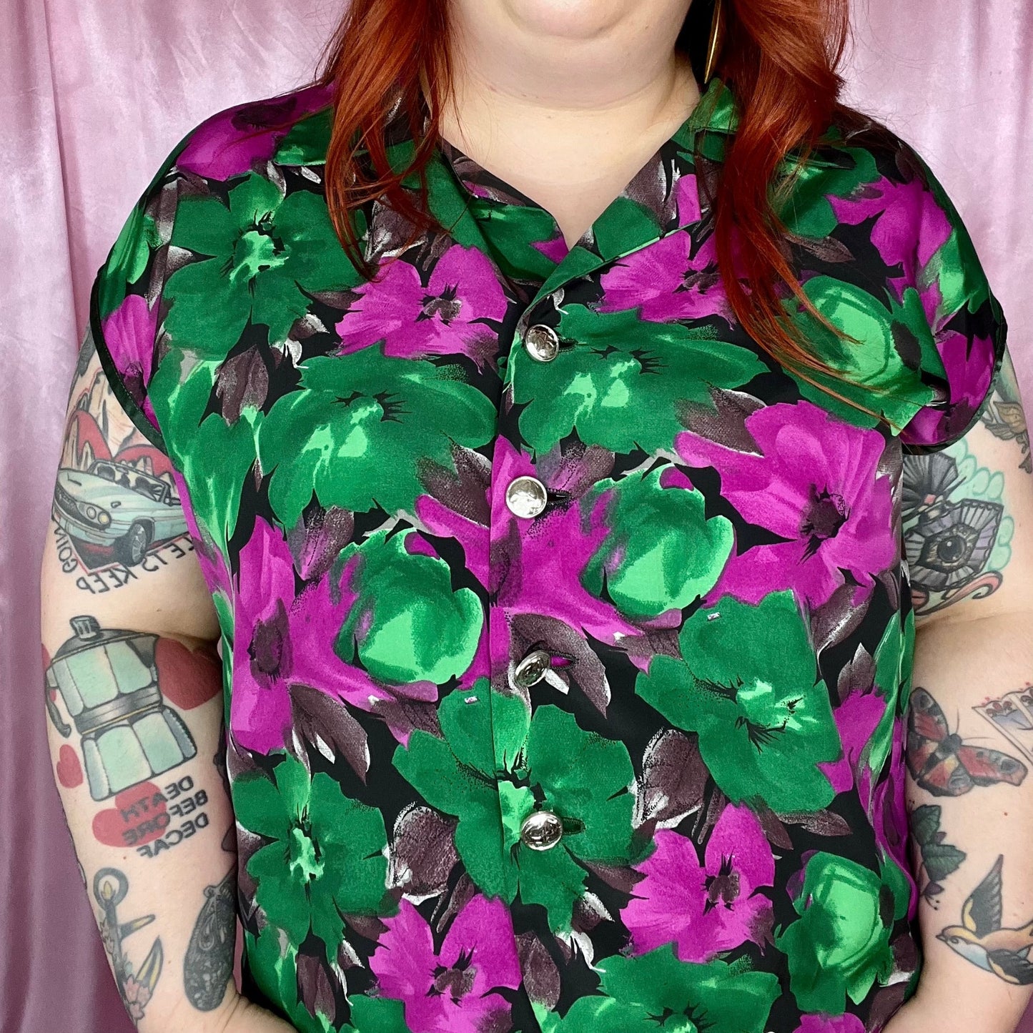 1980s green & purple floral top, handmade, size 20