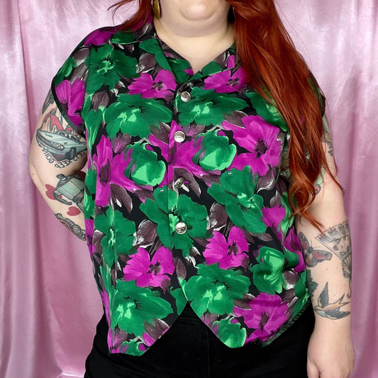 1980s green & purple floral top, handmade, size 20
