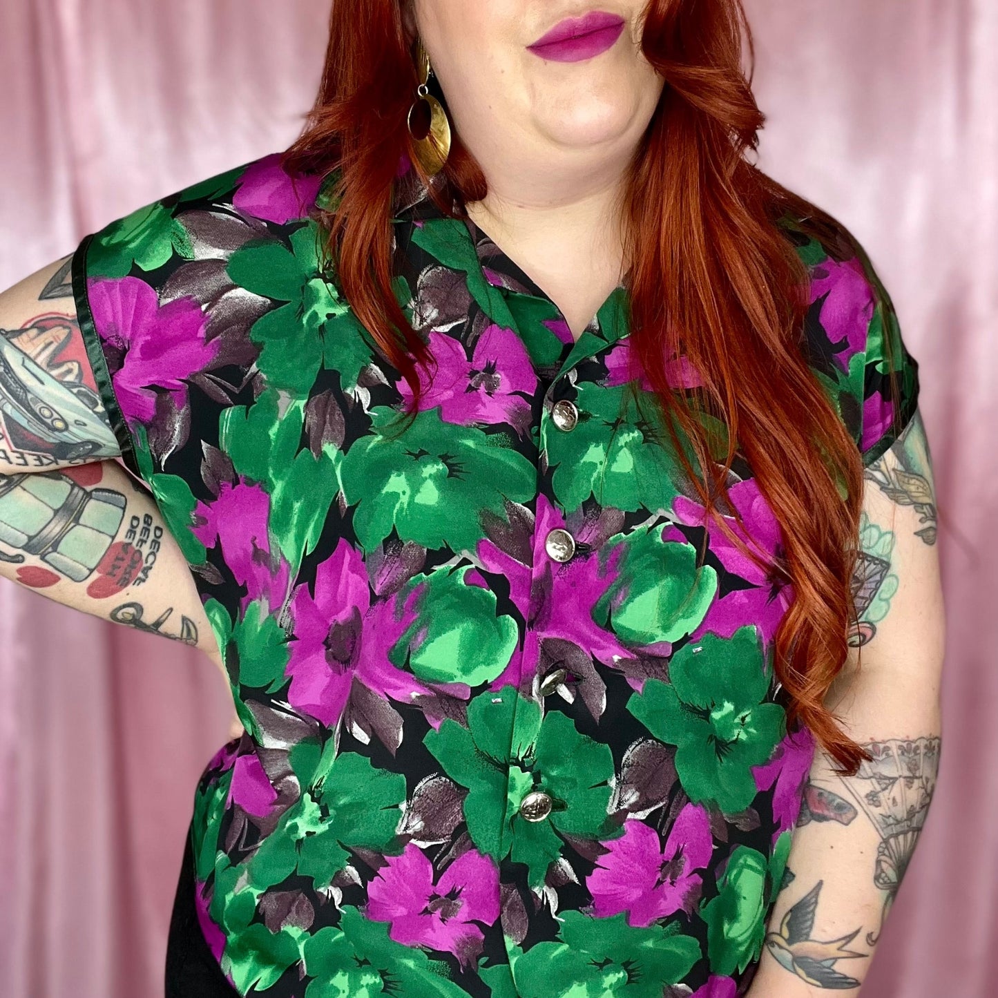 1980s green & purple floral top, handmade, size 20