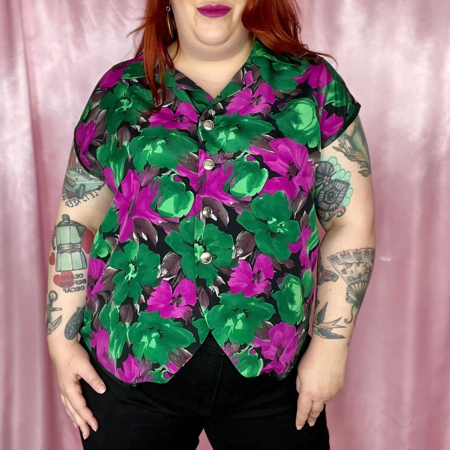1980s green & purple floral top, handmade, size 20
