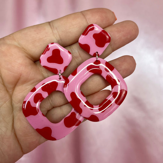 Handmade Pink & Red cow print earrings