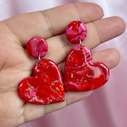 Handmade Red marbled heart clay earrings