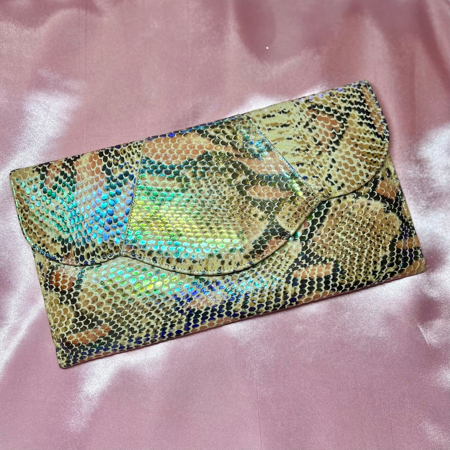 1980s Iridescent snakeprint clutch, by Renata