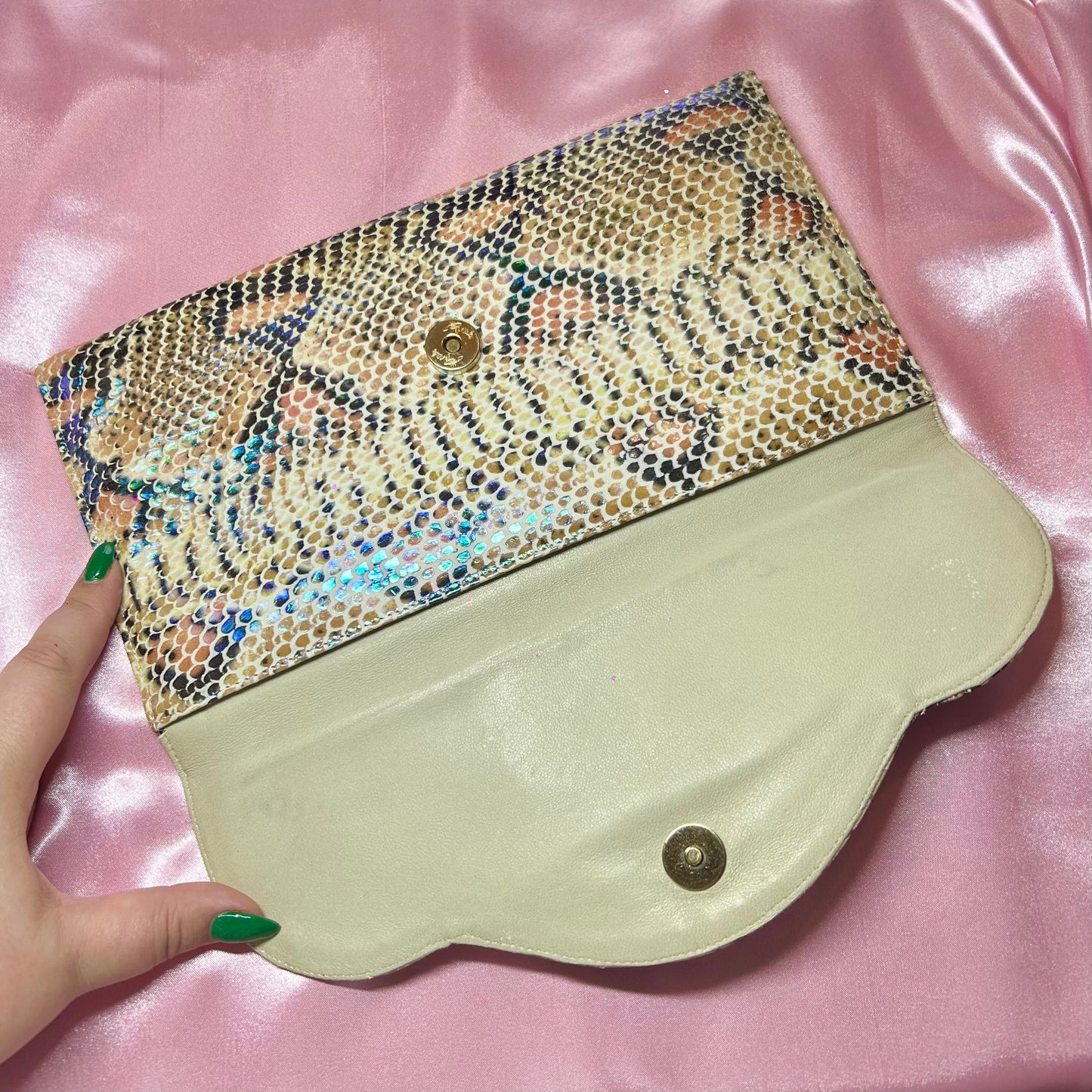 1980s Iridescent snakeprint clutch, by Renata