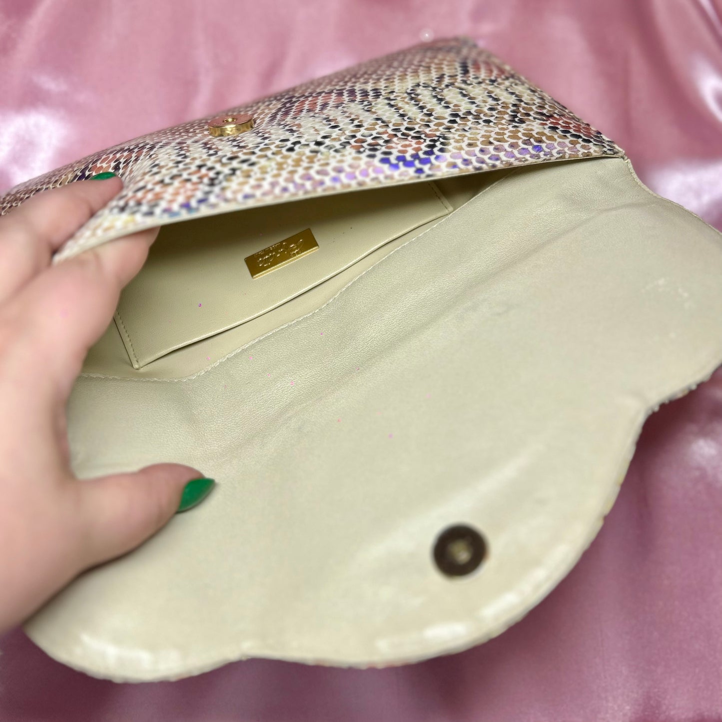 1980s Iridescent snakeprint clutch, by Renata