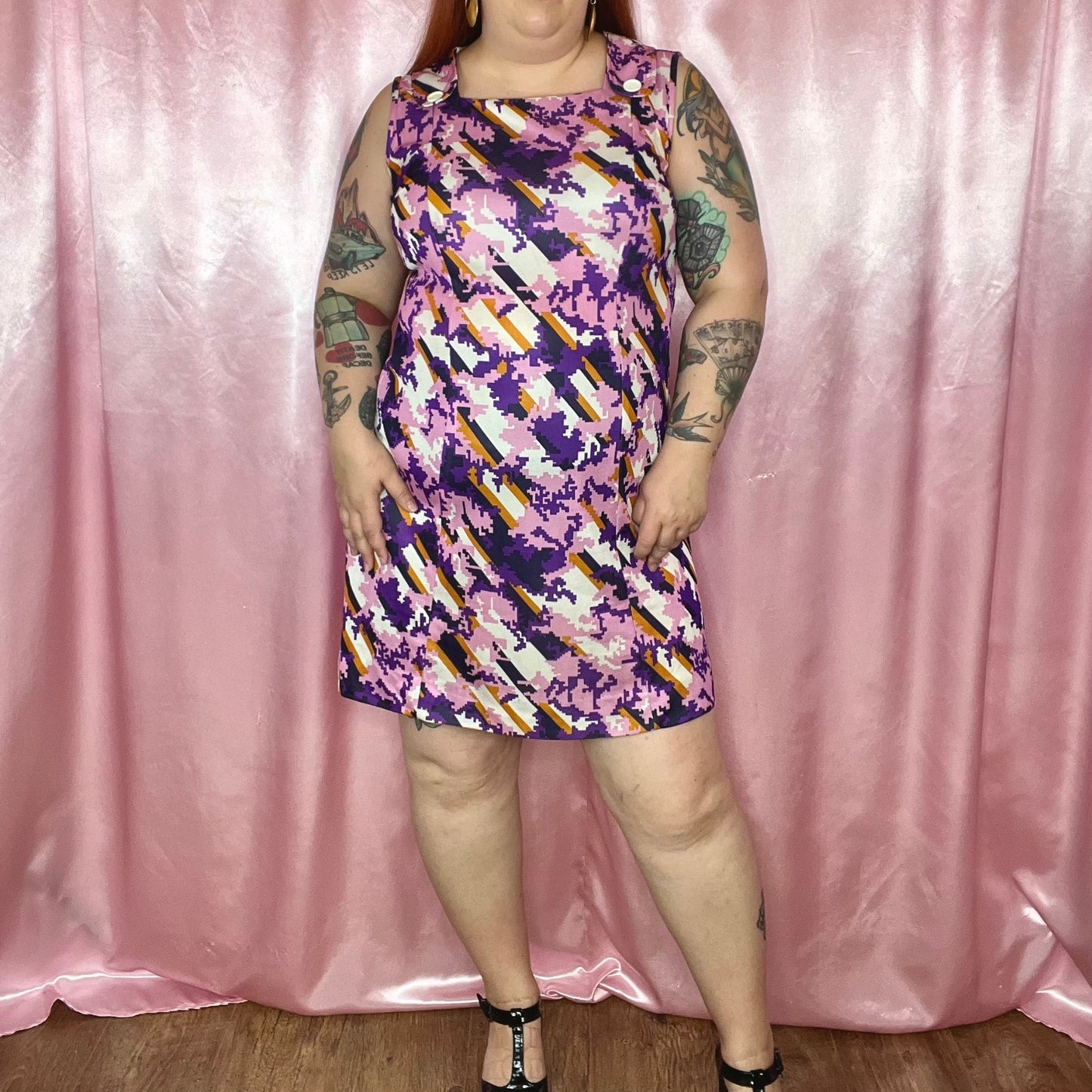 1960s purple print dress, unbranded, size 20