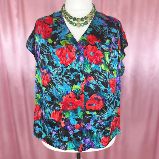 1980s Silky floral top, handmade, size 20