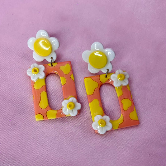 Handmade daisy cow print earrings
