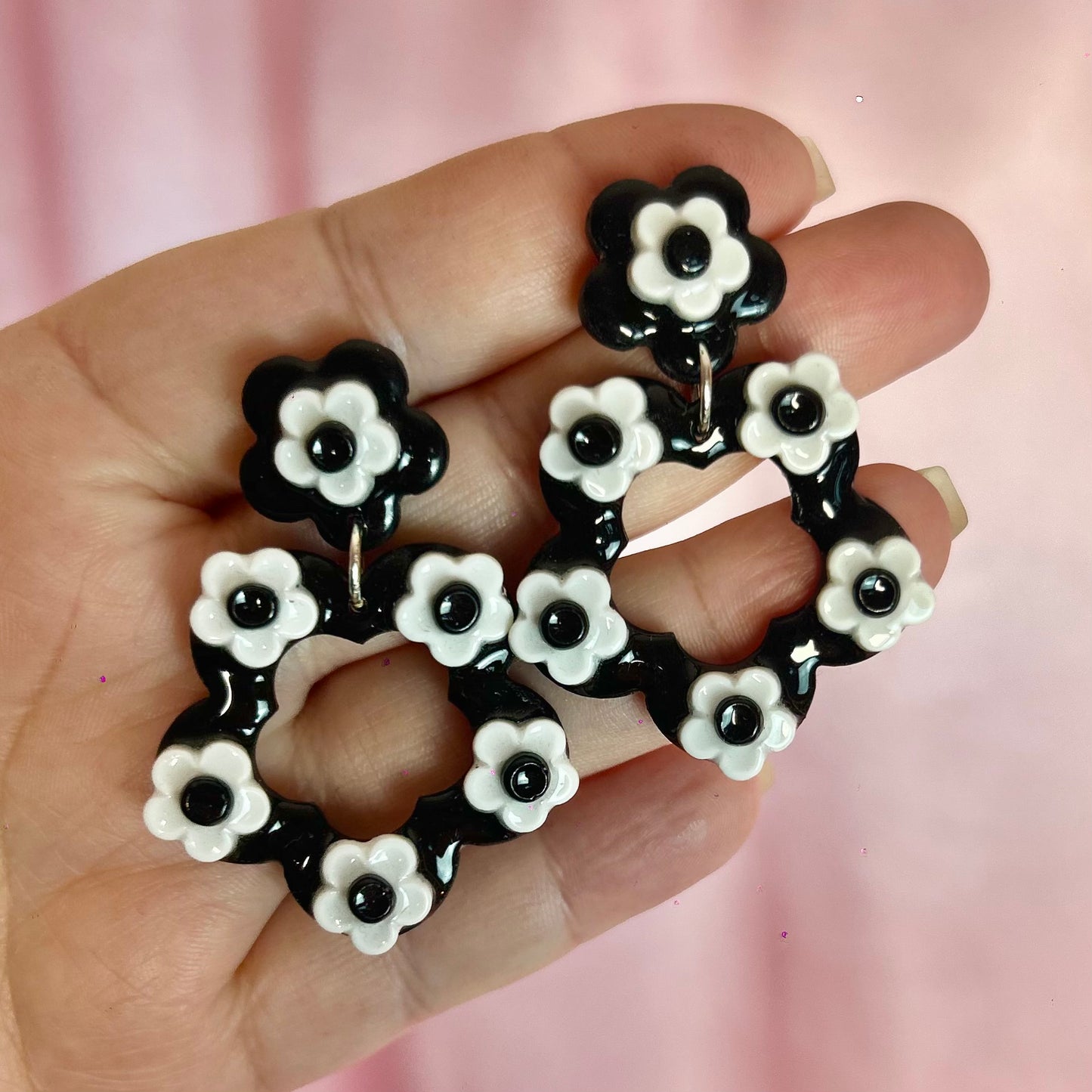 Handmade Black flower clay earrings