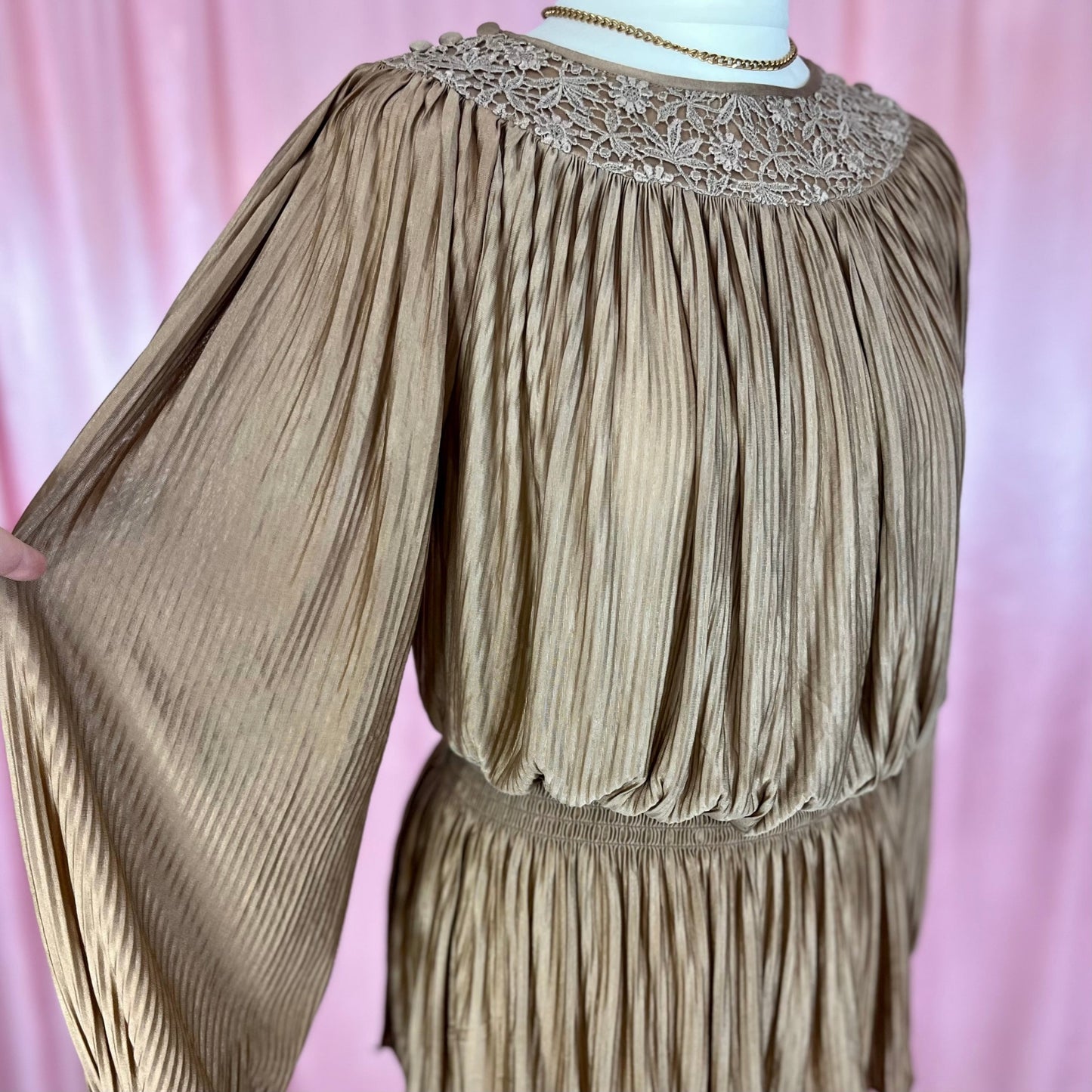 1980s brown plissé top, by Brigitte Fashions, size 12