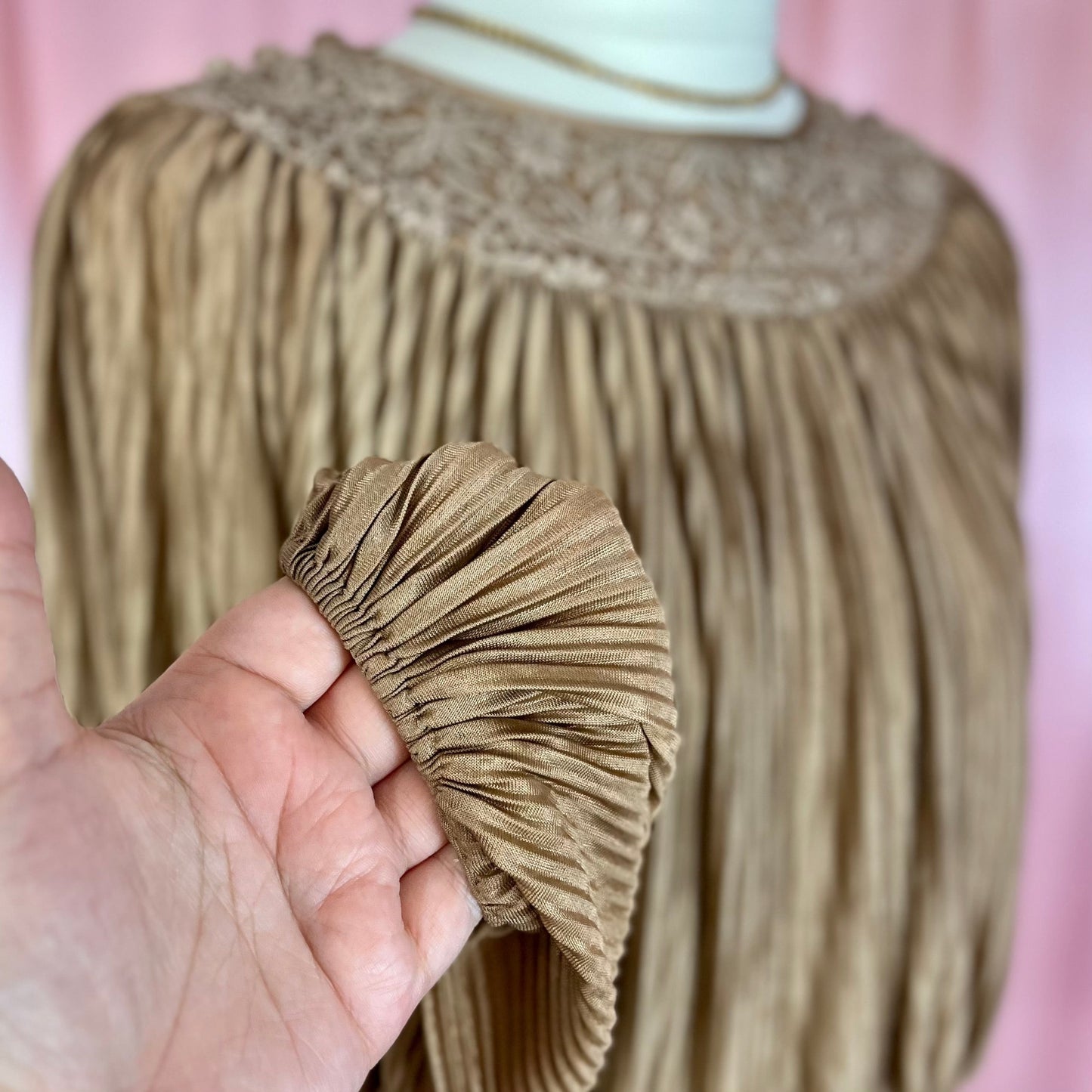 1980s brown plissé top, by Brigitte Fashions, size 12