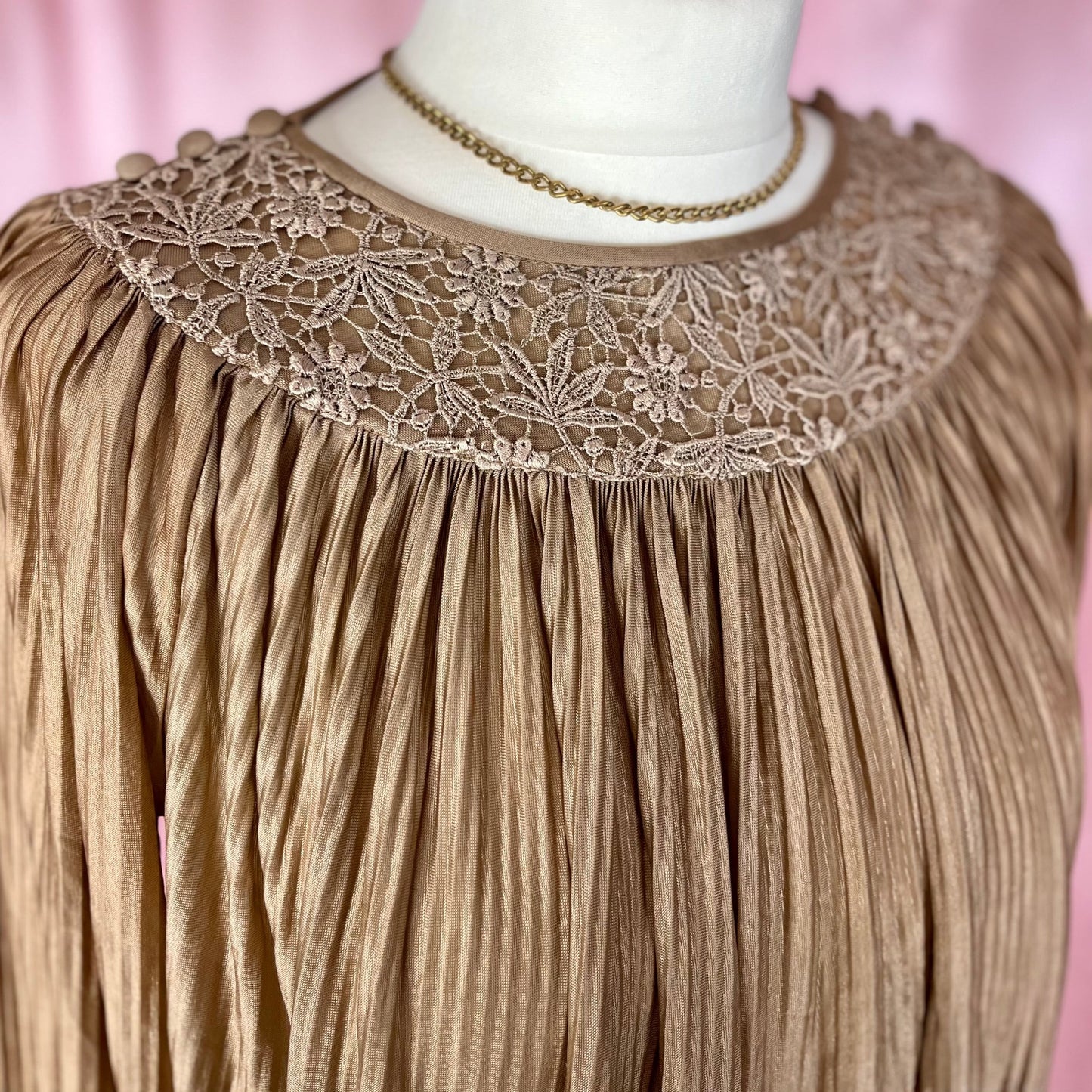 1980s brown plissé top, by Brigitte Fashions, size 12