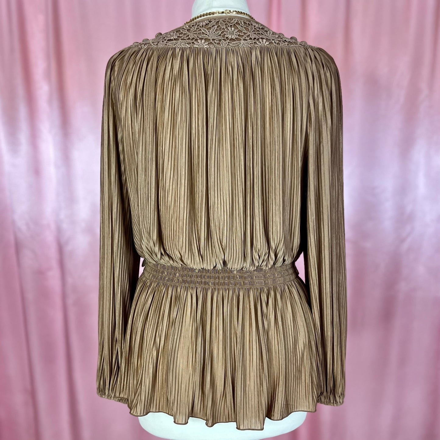 1980s brown plissé top, by Brigitte Fashions, size 12