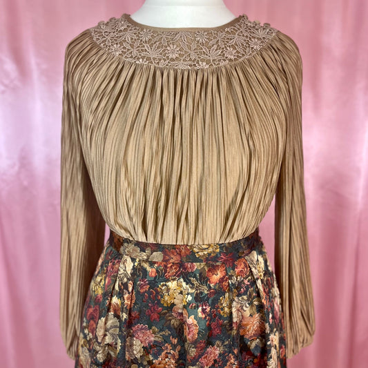 1980s Brown plissé top, by Brigitte Fashions, size 12