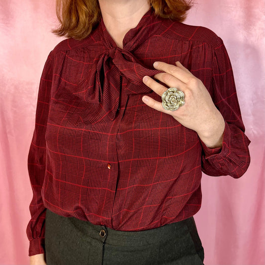 1980s Plaid pussy bow blouse, unbranded, size 16