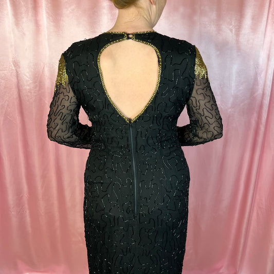 1980s Black beaded dress, by John Charles, size 14