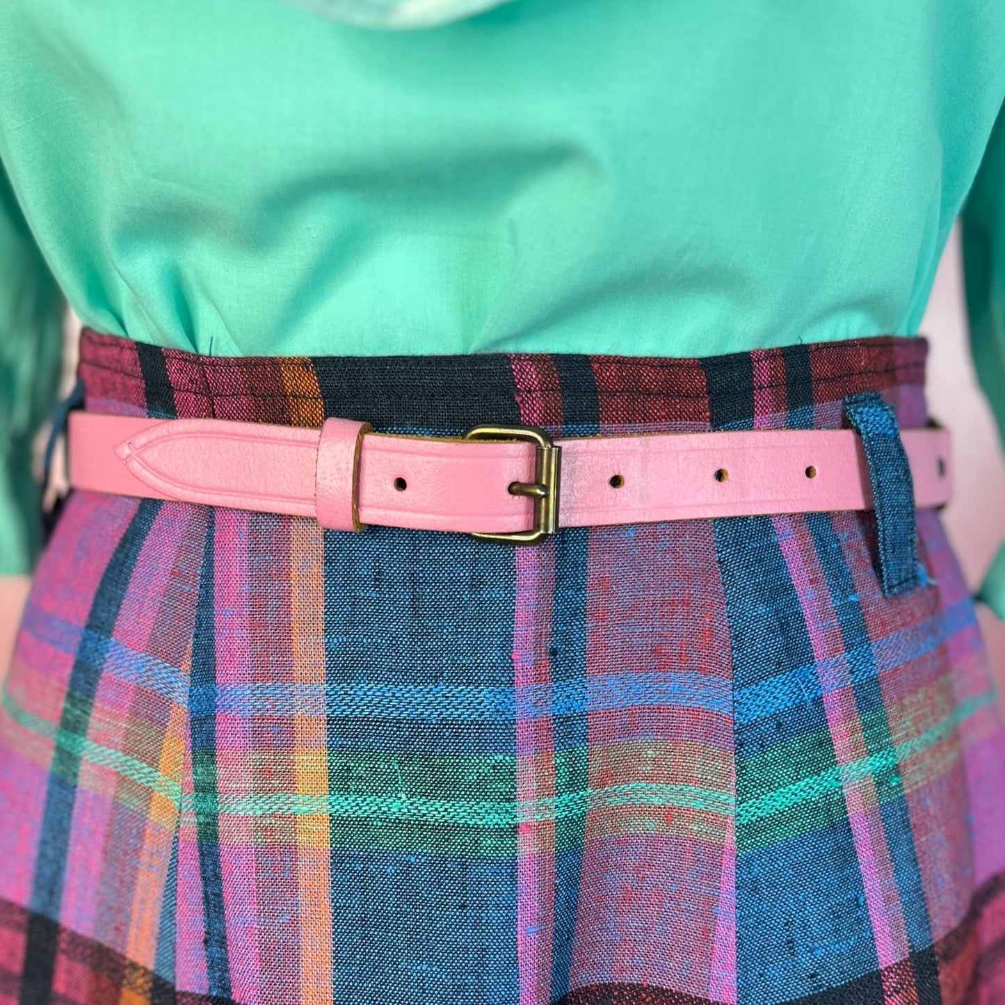 1980s Pink leather skinny belt, size 8-12