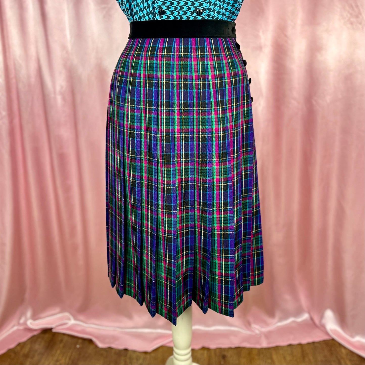 1980s Tartan pleated midi skirt, by Viyella, size 12