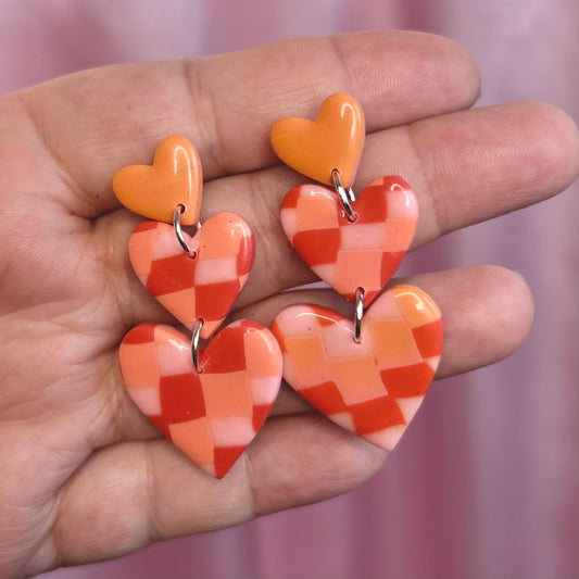 Handmade tiered heart clay earrings