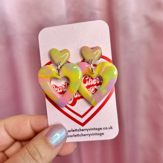 Handmade marbled heart clay earrings