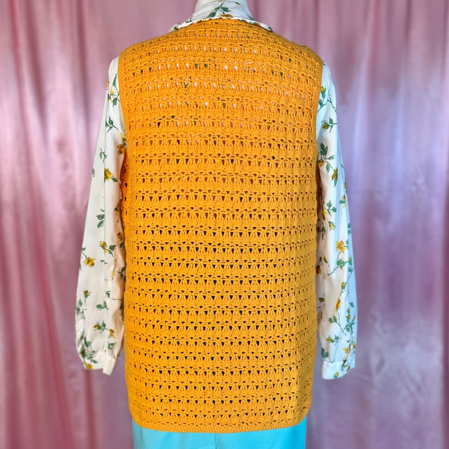 1970s Yellow crochet gilet, handmade, size 10