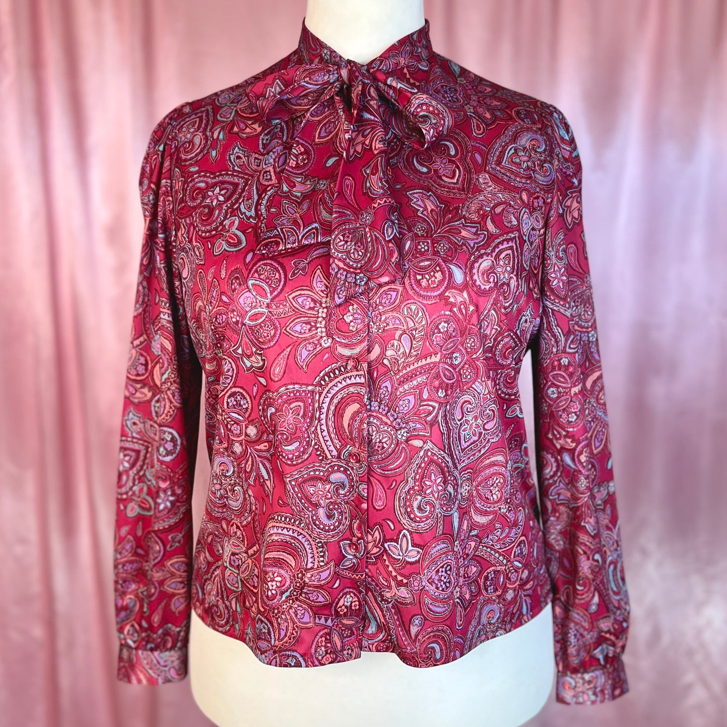 1970s Burgundy paisley blouse, by Butte Knit, size 16