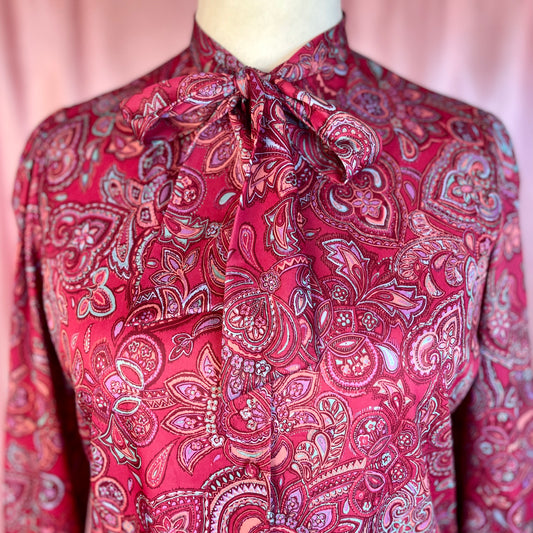 1970s Burgundy paisley blouse, by Butte Knit, size 16