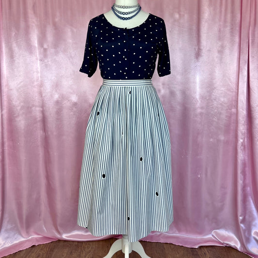 1980s white stripey midi skirt, by Jaeger, size 12