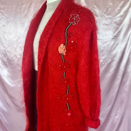 1980s Red mohair coatigan, unbranded, size 16
