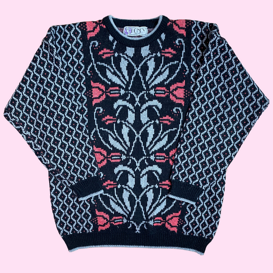 1980s black patterned jumper, by Honey, size 12