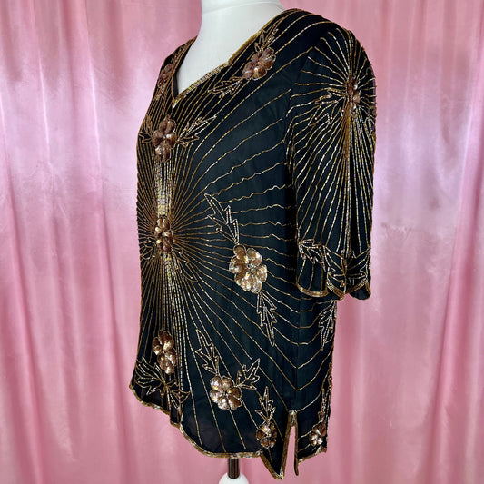 1980s Black beaded top, by Serenade, size 14/16