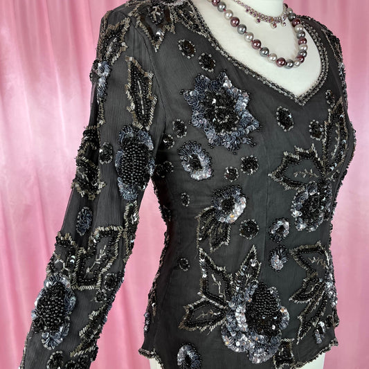 1980s black bead & sequin top, by Reine Seide, size 8