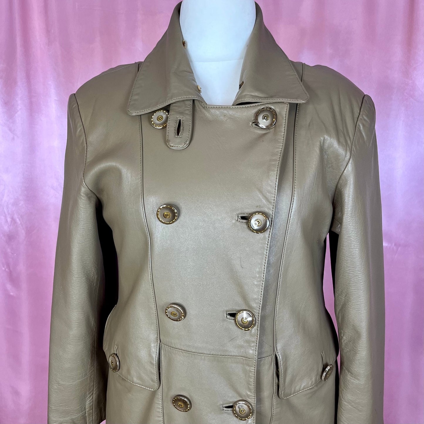 1980s Taupe leather trench coat, unbranded, size 16