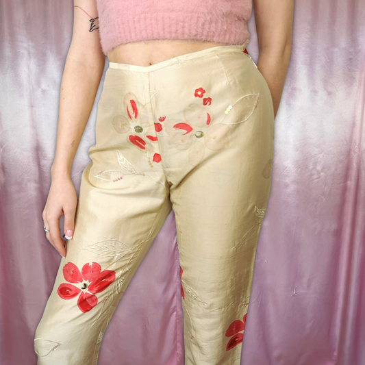 1990s Cream floral silk trousers, by Next, size 6
