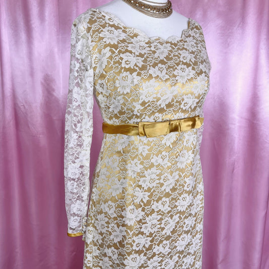 1960s Yellow & lace dress, Handmade, size 12