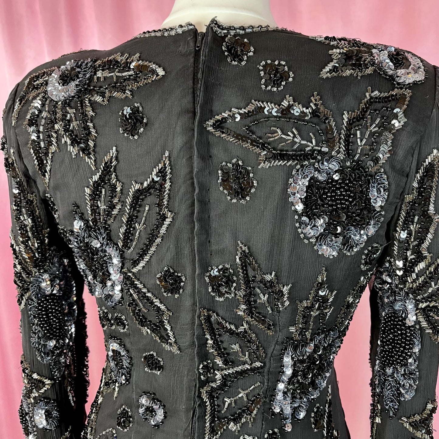 1980s black bead & sequin top, by Reine Seide, size 8