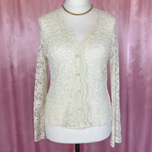 1990s Cream lace cardigan, by Allders, size 14
