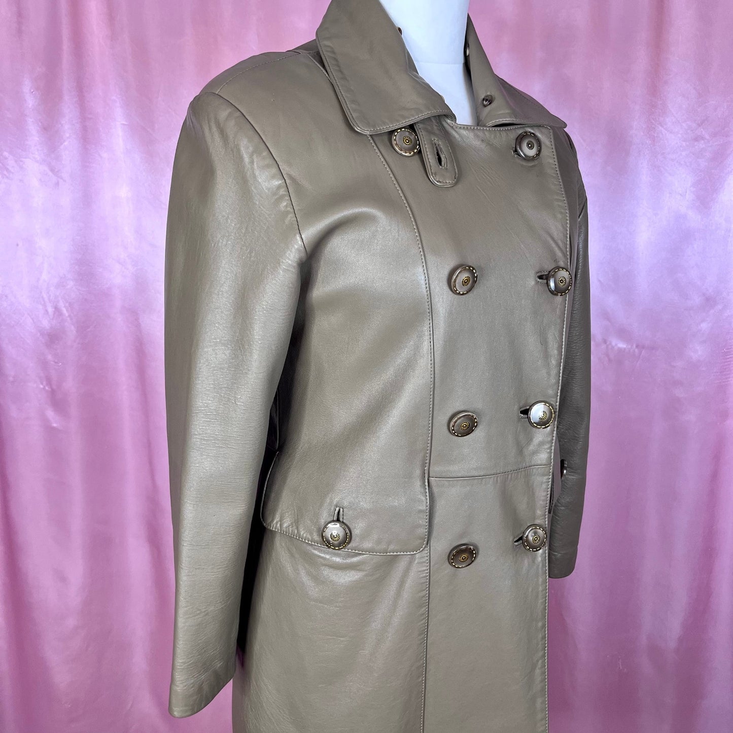 1980s Taupe leather trench coat, unbranded, size 16