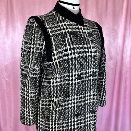 1980s Black & White plaid coat, by David Barry, UK 18