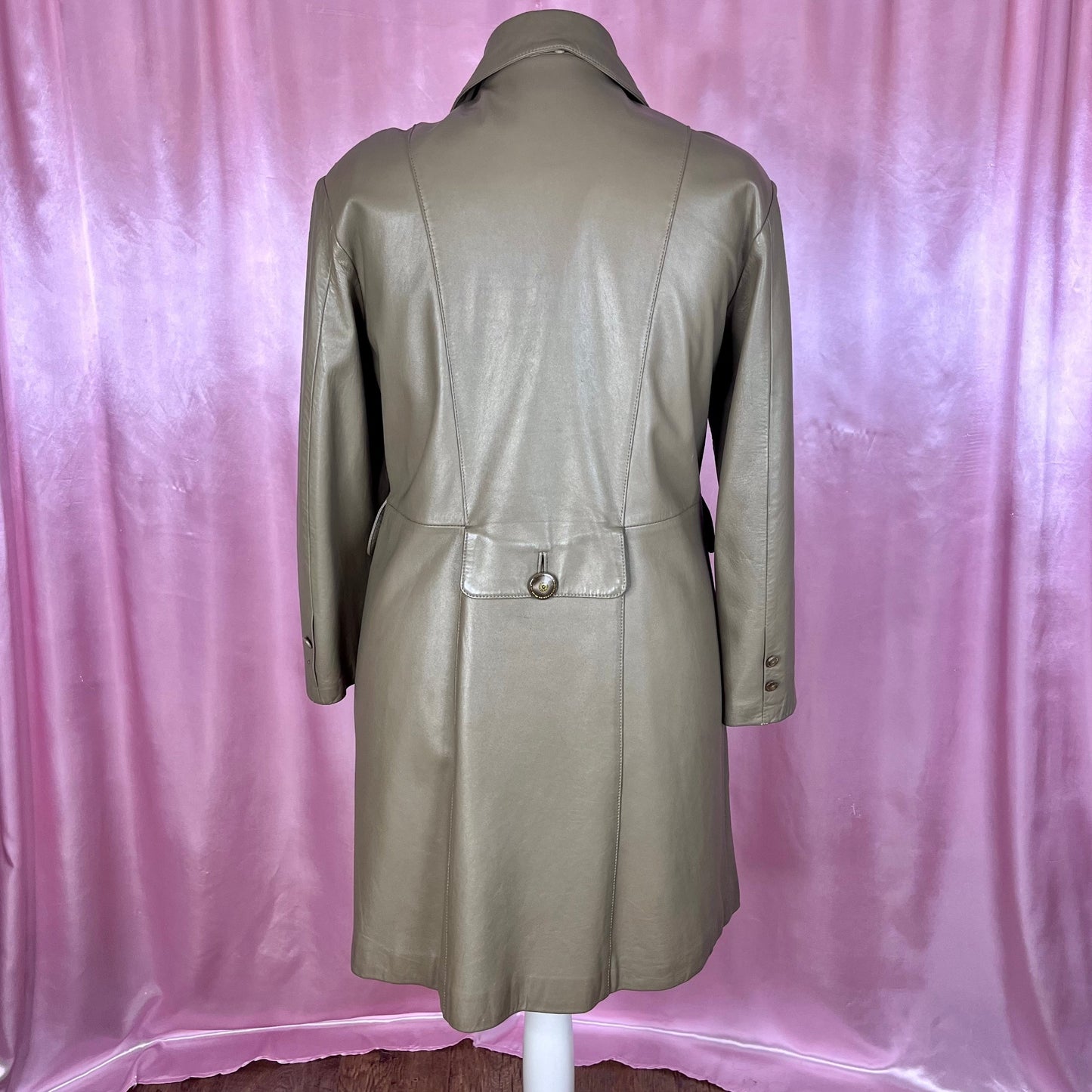 1980s Taupe leather trench coat, unbranded, size 16