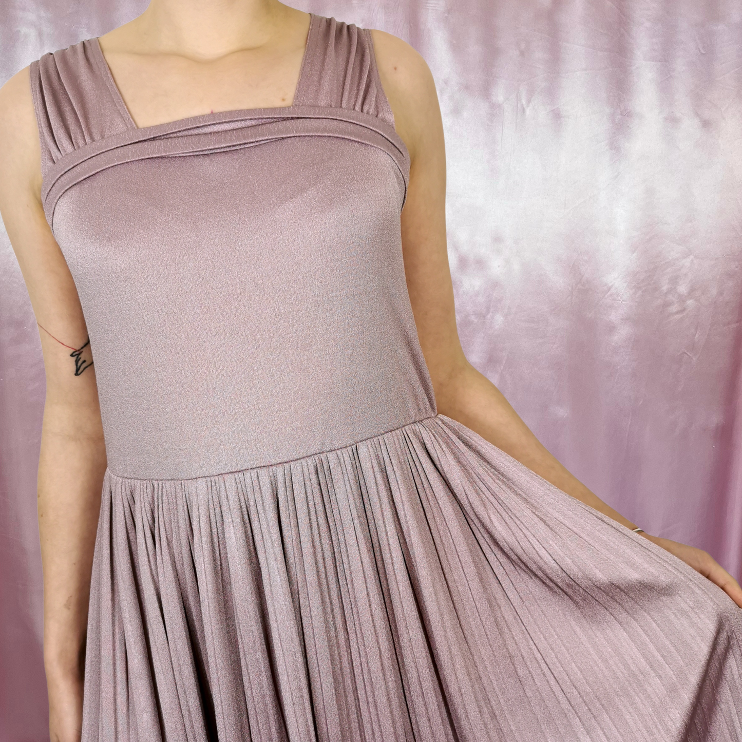 1970s lilac pleated dress, by Mag Fortail Paris, size 10