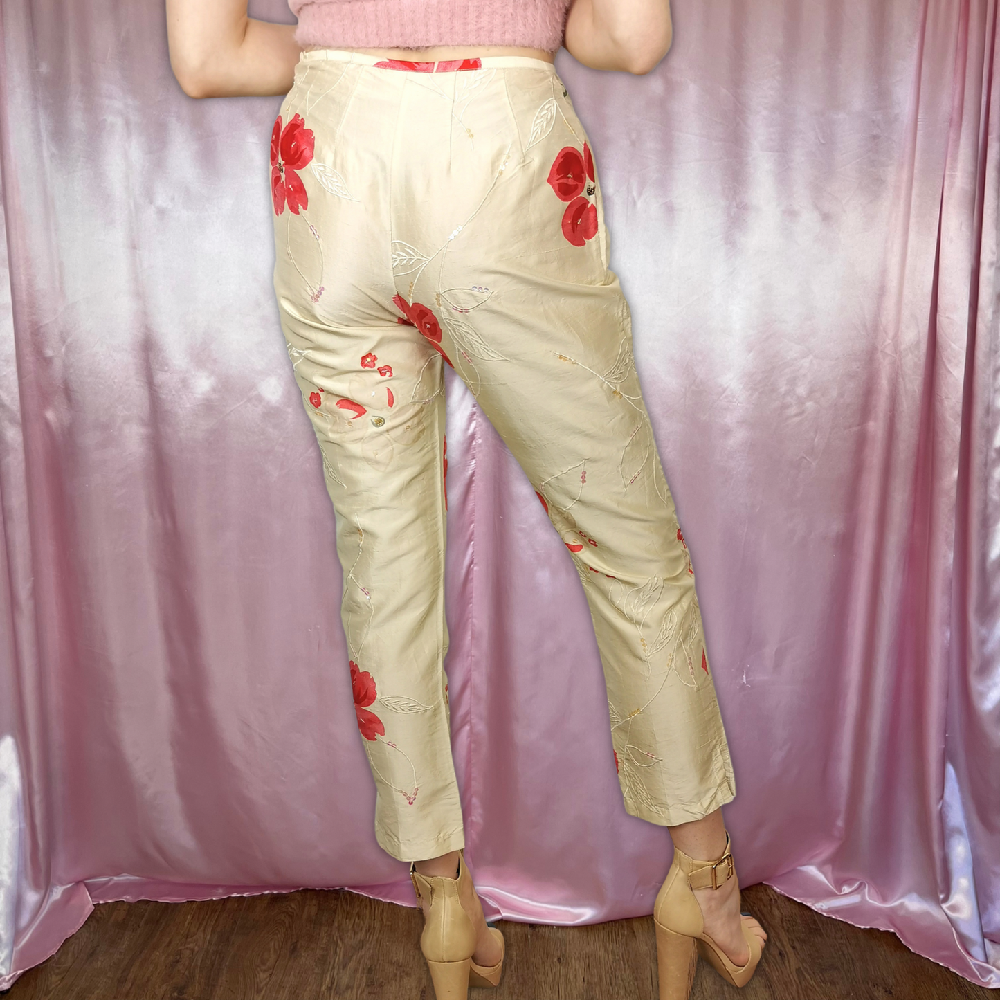 1990s Cream floral silk trousers, by Next, size 6