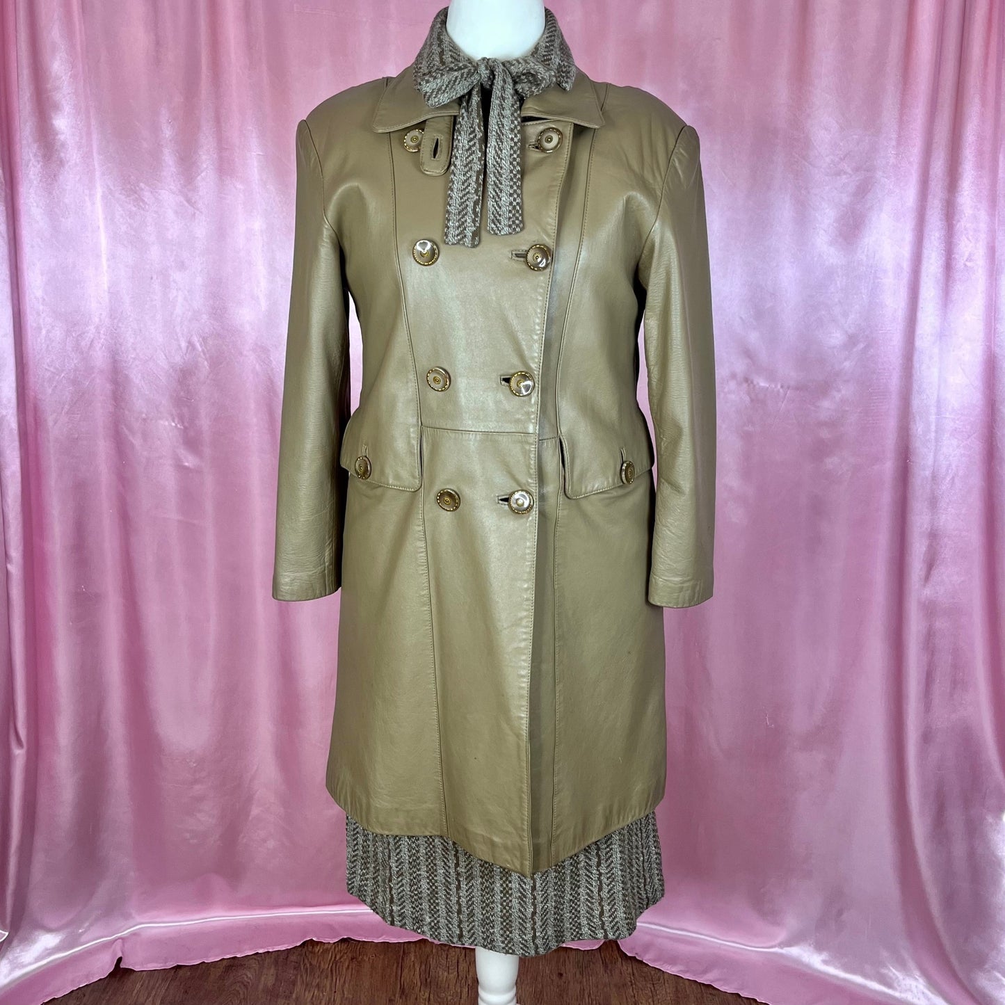 1980s Taupe leather trench coat, unbranded, size 16