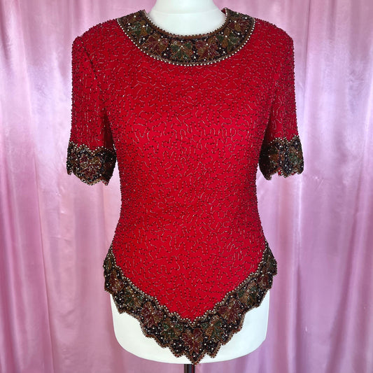 1980s Red beaded top, by Laurence Kazan, size 6