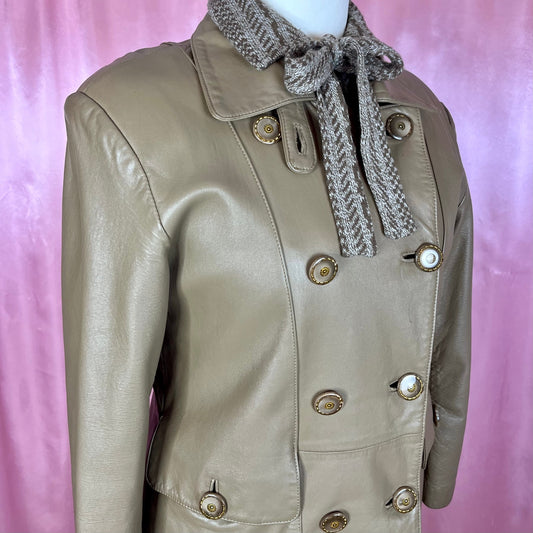 1980s Taupe leather trench coat, unbranded, size 16